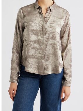 cloth & stone Hidden Placket Velvet Button-Up Blouse in Champagne Foil, Size XL